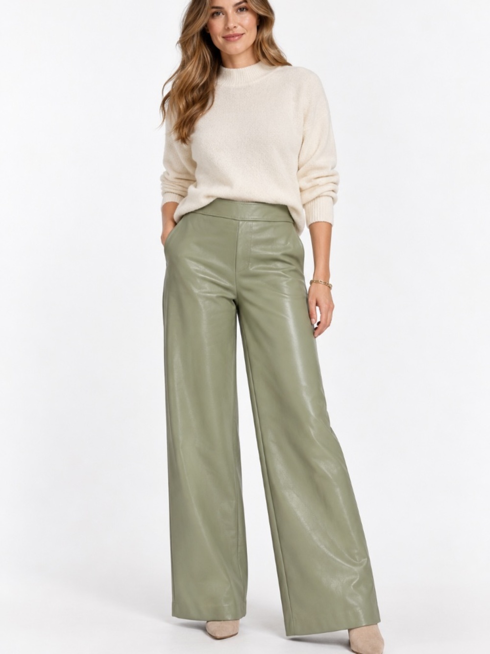 NEW Aritzia Cynthia pant 2 wide leg faux leather Silent Storm Green office work